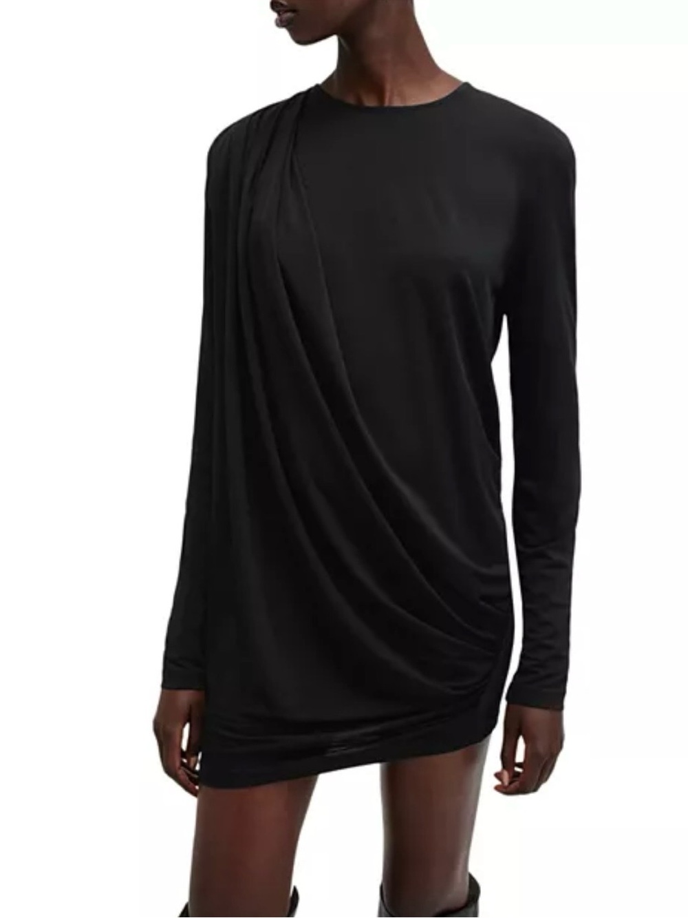 AllSaints Womens Devin Draped Stretch Jersey Mini Dress Size 8 Black Long Sleeve